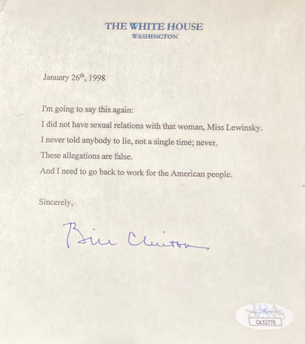 The Sports Integrity Bill Clinton Signed 5x6 Mock White House Statement Letter Monica Lewinsky JSA features his denial of sexual relations with Lewinsky, dated January 26, 1998.