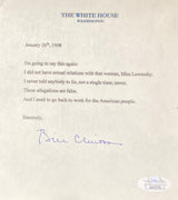 The Sports Integrity Bill Clinton Signed 5x6 Mock White House Statement Letter Monica Lewinsky JSA features his denial of sexual relations with Lewinsky, dated January 26, 1998.