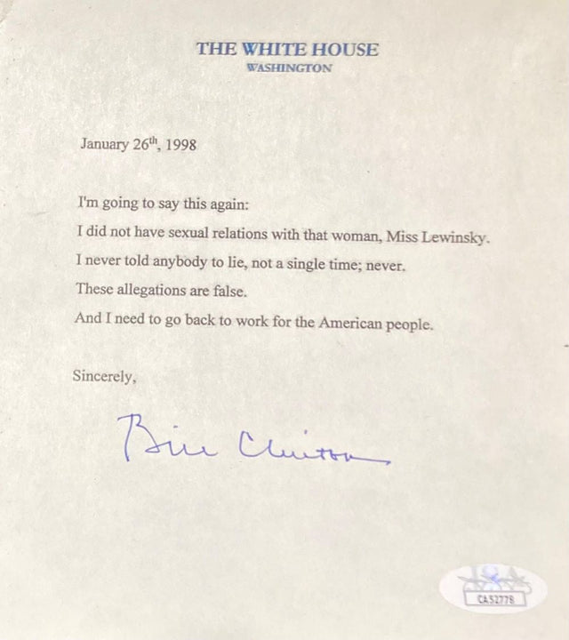 The Sports Integrity Bill Clinton Signed 5x6 Mock White House Statement Letter Monica Lewinsky JSA features his denial of sexual relations with Lewinsky, dated January 26, 1998.