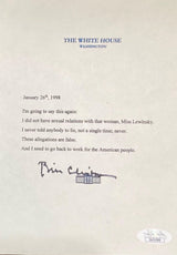 Bill Clinton Signed on Bottom Mock White House Logo Statement Lewinsky JSA - Sports Integrity