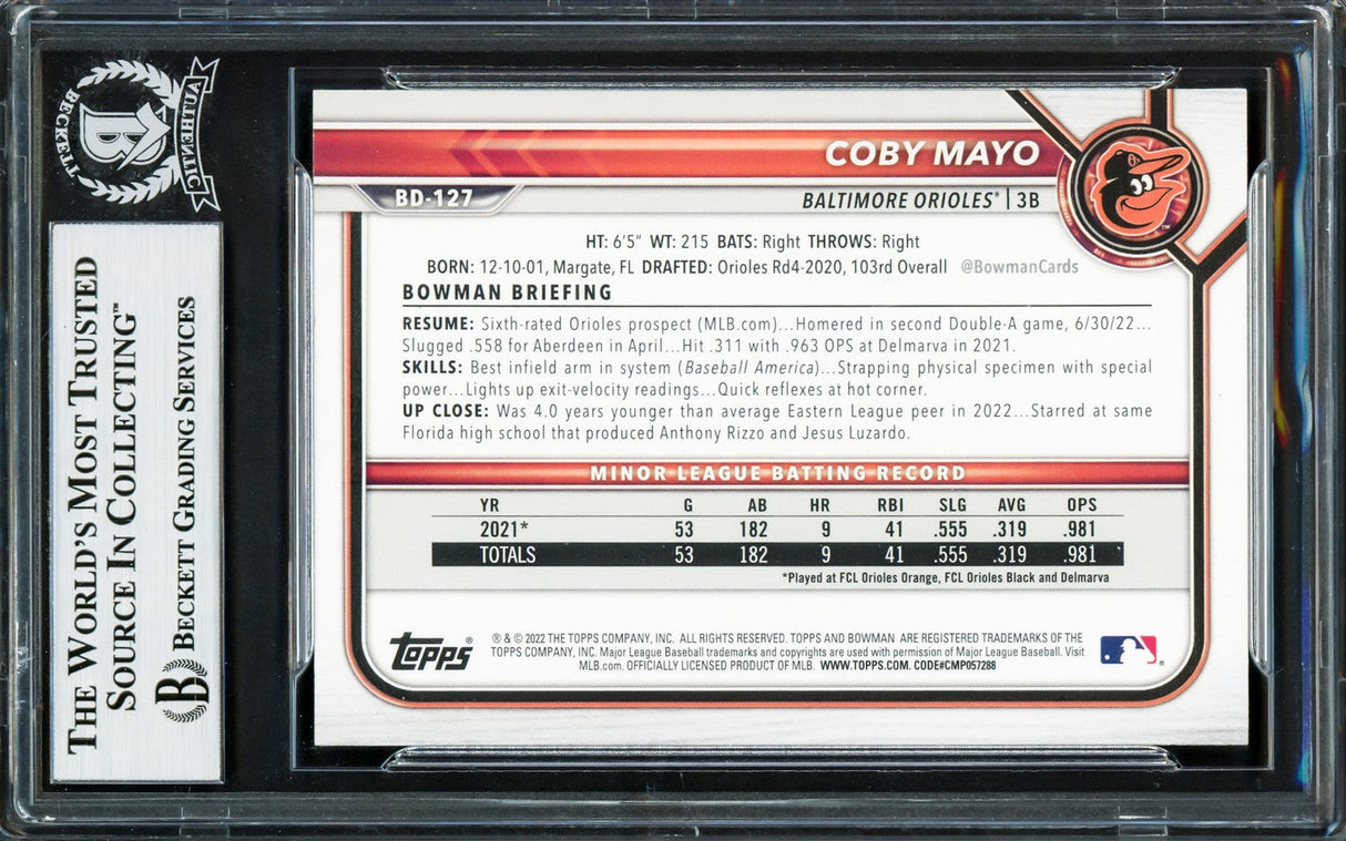 Coby Mayo Signed 2022 Bowman Draft #BD127 Baltimore Orioles Rookie Card BAS