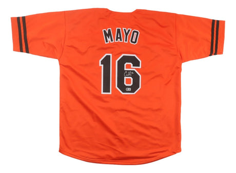 The Sports Integrity Coby Mayo Baltimore Signed Orange Baseball Jersey BAS features black sleeve stripes, "MAYO" and number 16 on the back, plus a white signature inside the 6.