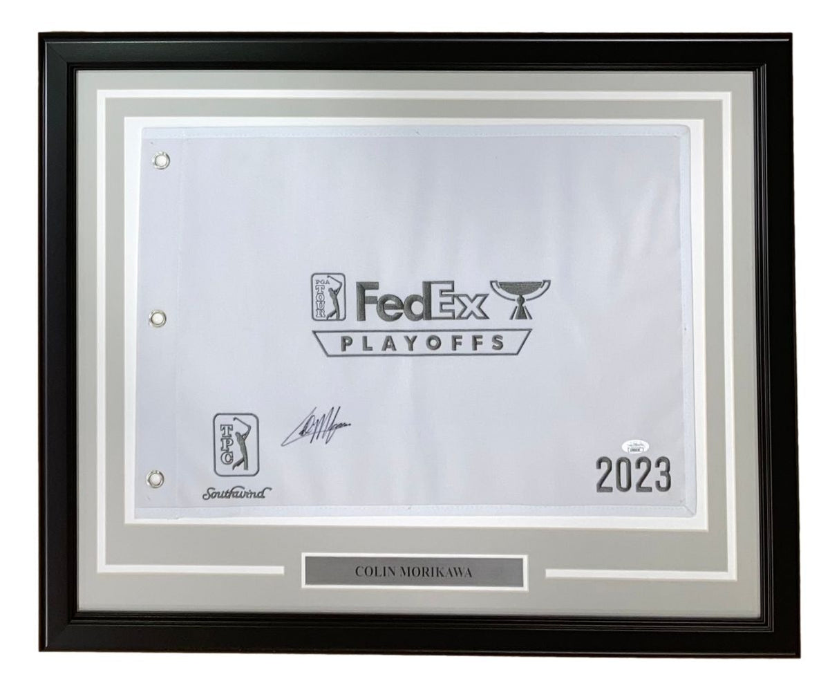Sports Integrity Collin Morikawa Signed Framed 2023 PGA FedEx Cup Playoffs golf flag with official logos, JSA authenticated, and a nameplate reading his name beneath the flag.
