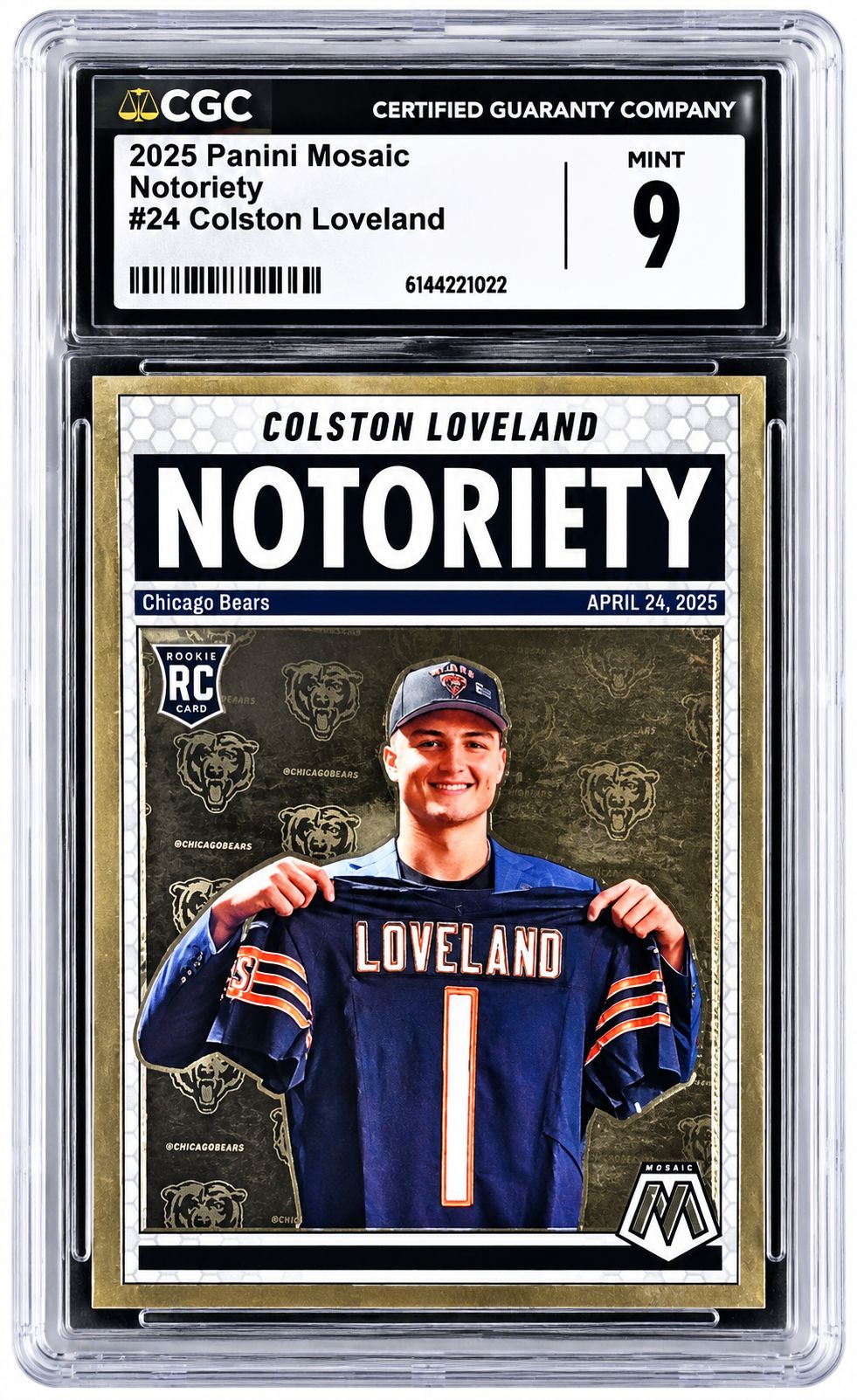 2025 Panini Mosaic Notoriety #24 Colston Loveland Bears Rookie Card CGC Mint 9