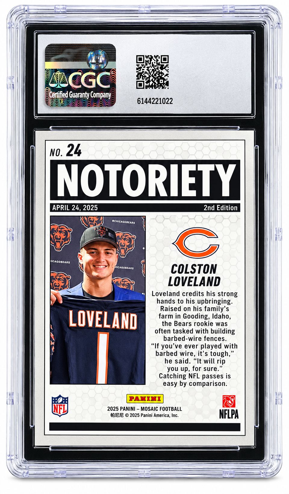 2025 Panini Mosaic Notoriety #24 Colston Loveland Bears Rookie Card CGC Mint 9