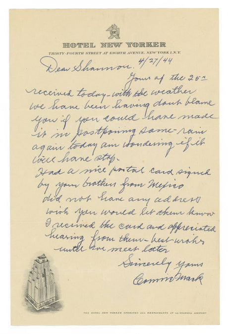 The Connie Mack Philadelphia Athletics Signed Hand Written Letter by Sports Integrity is dated 4/27/44 on Hotel New Yorker stationery, addressed to Shannon, with weather and plans discussed; includes hotel illustration. JSA LOA included.
