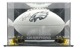 A Cooper Dejean signed Eagles logo football from Sports Integrity is showcased in a Fanatics case featuring the Super Bowl 59 LIX logo and the word CHAMPIONS on the front.