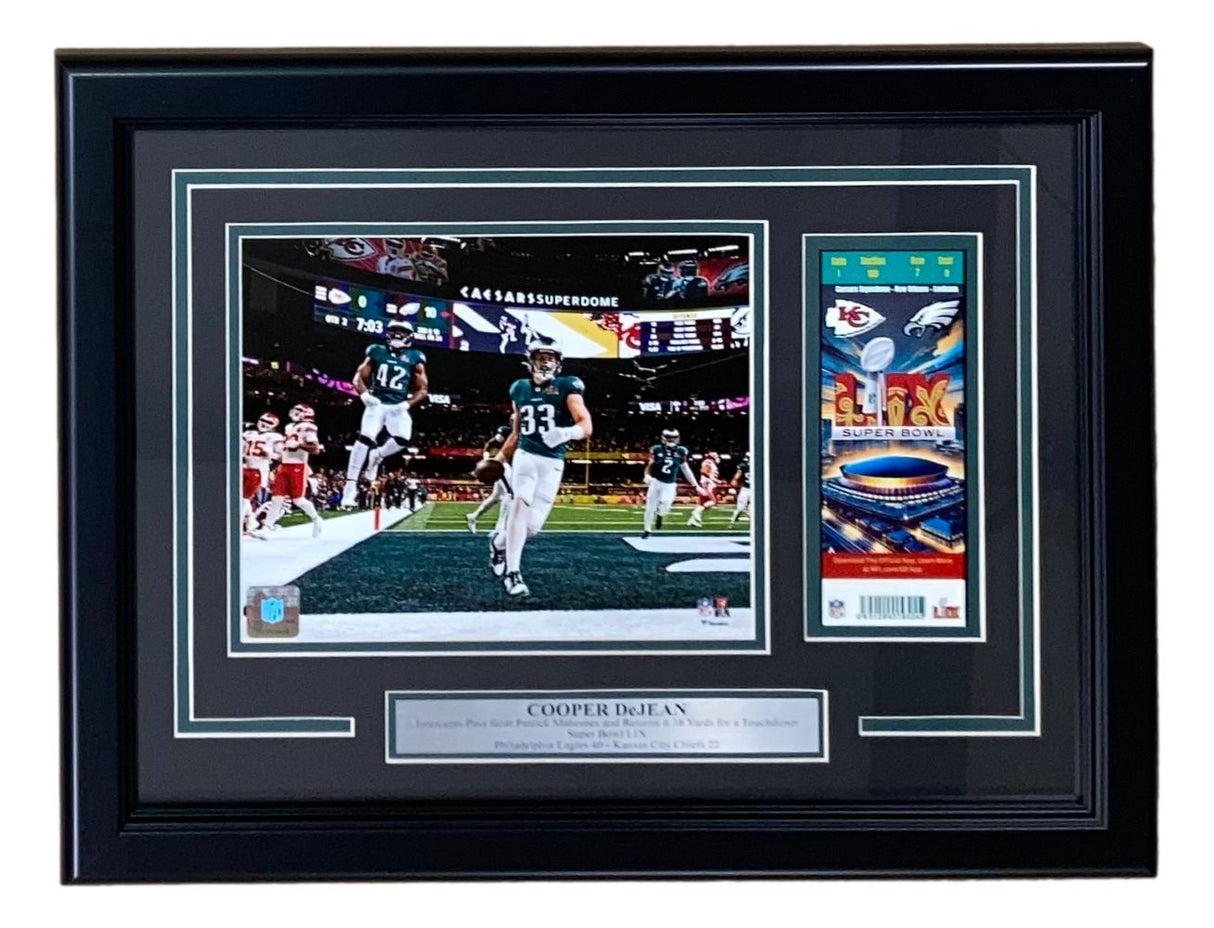 Cooper DeJean Framed 8x10 Eagles Super Bowl 59 Pick Six Photo w/ Replica Ticket