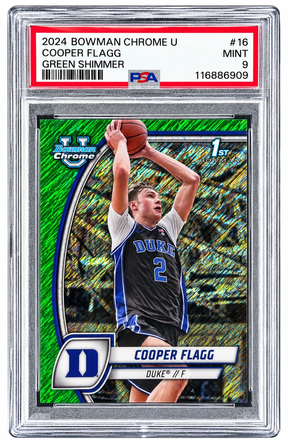 2024 Bowman Chrome U Green Shimmer #16 Cooper Flagg Rookie Card PSA Mint 9