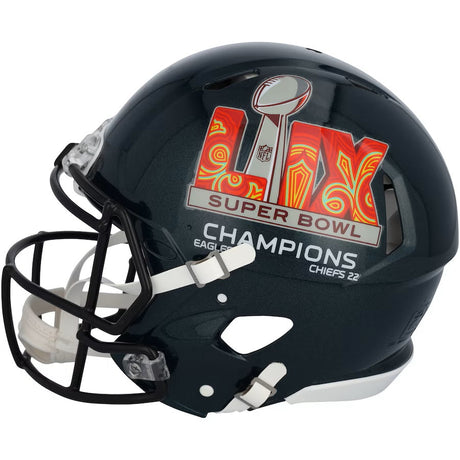 Dark green Cooper DeJean signed Eagles Super Bowl LIX FS Replica Speed Helmet by Sports Integrity, featuring the Super Bowl logo and "CHAMPIONS," with game score EAGLES 35, CHIEFS 22 beneath. Available from Fanatics.