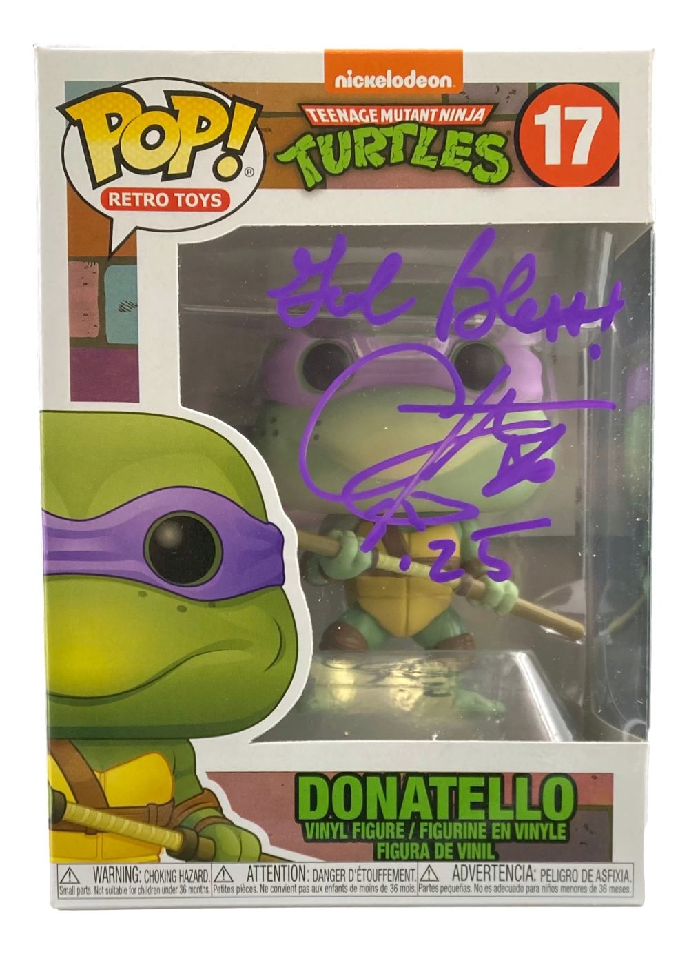 A Corey Feldman signed Teenage Mutant Ninja Turtles Funko Pop #17 by Sports Integrity, autographed with "God Bless" on the box window. BAS authenticated with Nickelodeon branding.