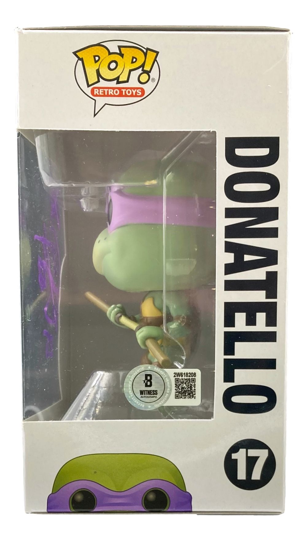 A Corey Feldman signed Teenage Mutant Ninja Turtles Funko Pop #17 by Sports Integrity is shown boxed, featuring Donatello with his purple mask and staff. The box displays DONATELLO text along with the Pop! logo and BAS authentication.