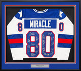 1980 USA Olympics Hockey Miracle On Ice Team Autographed Framed White Jersey With 19 Signatures Beckett BAS Witness Stock #230589