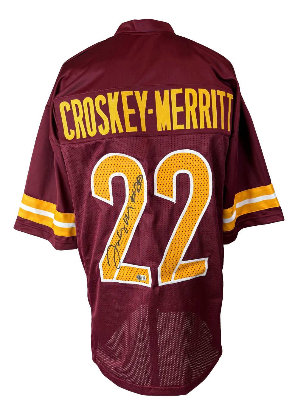 The Sports Integrity Jacory Croskey-Merritt Washington Signed Burgundy Football Jersey features his name above the number 22, with an autograph visible on one of the digits.