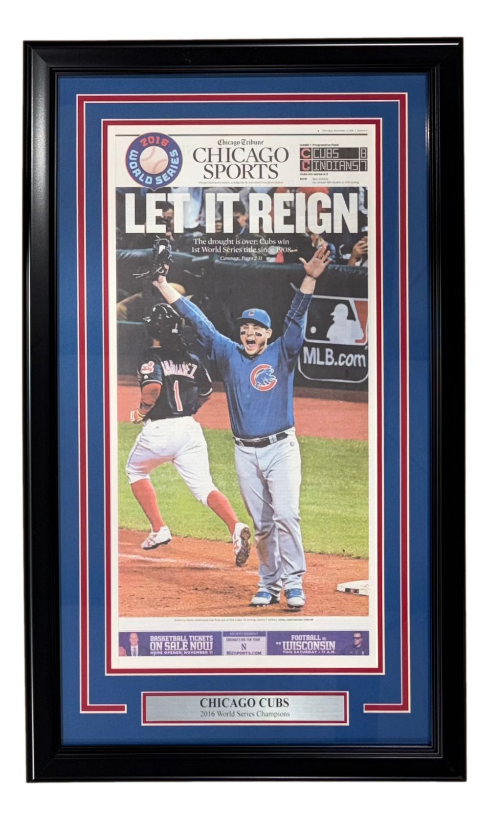 The Sports Integrity Chicago Cubs Framed 2016 World Series Champions Chicago Tribune Newspaper features the "LET IT REIGN!" headline and a Cubs player celebrating the 2016 victory, plus a CHICAGO CUBS 2016 World Series Champions caption.