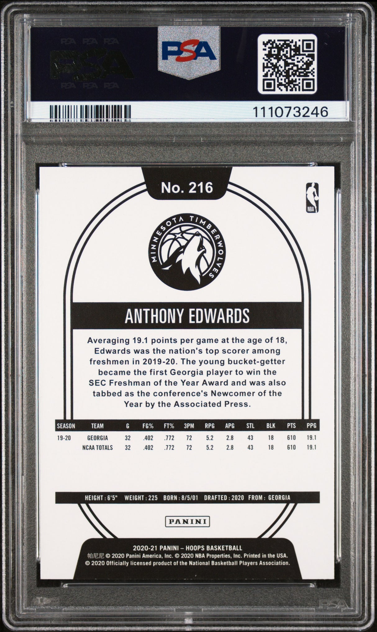 Anthony Edwards Signed 2020 Panini Hoops #216 Rookie Card 10! Auto 10! PSA Slab