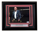 Sports Integrity Dana White Signed Framed 8x10 UFC Photo BAS features Dana White beside a UFC title in the octagon, his autograph on the photo, and a plaque with his name and title as UFC President & CEO.