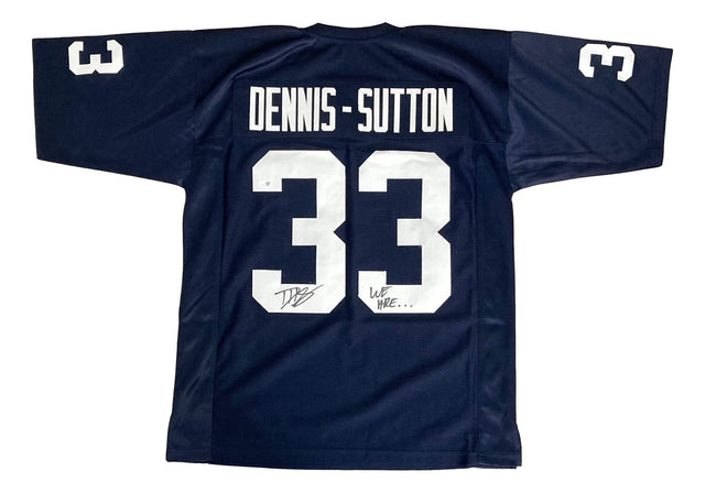 Show your Penn State pride with this Dani Dennis-Sutton autographed navy blue football jersey from Sports Integrity, featuring white letters and numbers, “DENNIS – SUTTON” above number 33, and "We Are..." inscription. JSA QR Holo included.