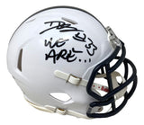 The Sports Integrity Dani Dennis-Sutton Signed Penn State Mini Speed Helmet features a black marker autograph, the number 33, and "WE ARE..." on a white helmet with a dark faceguard. JSA authenticated.