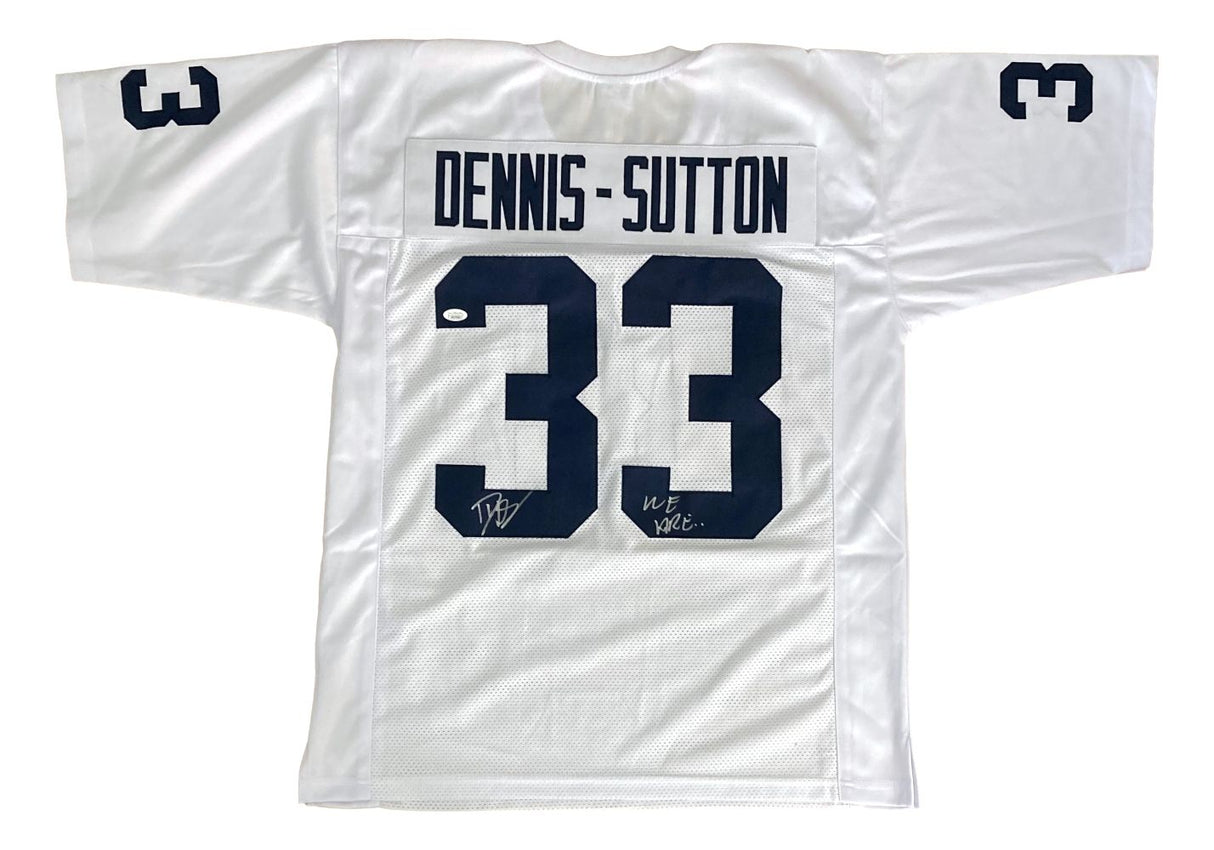 The Sports Integrity Dani Dennis-Sutton Penn State Signed White Football Jersey features “We Are,” the number 33, and his name in dark blue, with signatures on the back.