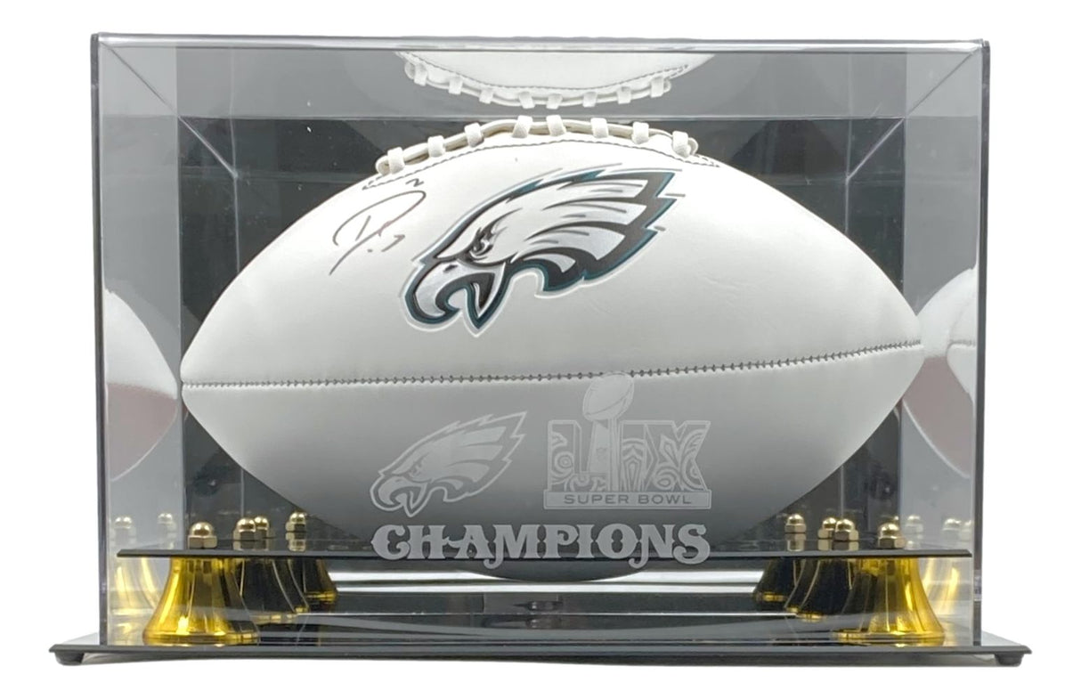 A Darius Slay signed Philadelphia Eagles logo football by Sports Integrity is displayed in a Super Bowl 59 case, with the signature visible and the team’s branding showcased.