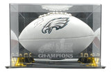 A Darius Slay signed Philadelphia Eagles logo football by Sports Integrity is displayed in a Super Bowl 59 case, with the signature visible and the team’s branding showcased.