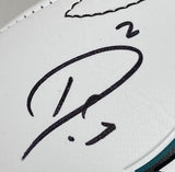 A close-up of a Sports Integrity Darius Slay Signed Philadelphia Eagles Logo Football, featuring his bold autograph with the number 2 above it, displayed in a Super Bowl 59 case.
