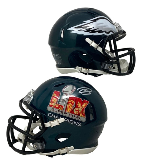 The Sports Integrity Darius Slay Signed Philadelphia Eagles Super Bowl 59 LIX Mini Speed Helmet features a dark green design with the team’s eagle wing logo and commemorative championship details.