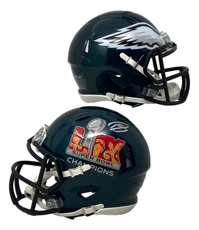 The Sports Integrity Darius Slay Signed Philadelphia Eagles Super Bowl 59 LIX Mini Speed Helmet features a dark green design with the team’s eagle wing logo and commemorative championship details.