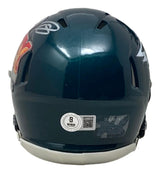 The Darius Slay Signed Philadelphia Eagles Super Bowl 59 LIX Mini Speed Helmet by Sports Integrity is shown from the back, highlighting safety stickers, team logos, ventilation slits, and a white chin strap.