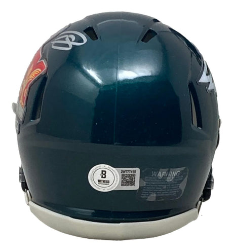 The Darius Slay Signed Philadelphia Eagles Super Bowl 59 LIX Mini Speed Helmet by Sports Integrity is shown from the back, highlighting safety stickers, team logos, ventilation slits, and a white chin strap.