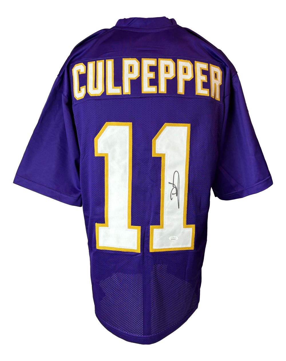 A Sports Integrity Daunte Culpepper Minnesota purple football jersey with "CULPEPPER" in yellow/white, large white #11, and a black ink autograph. JSA ITP authenticated.
