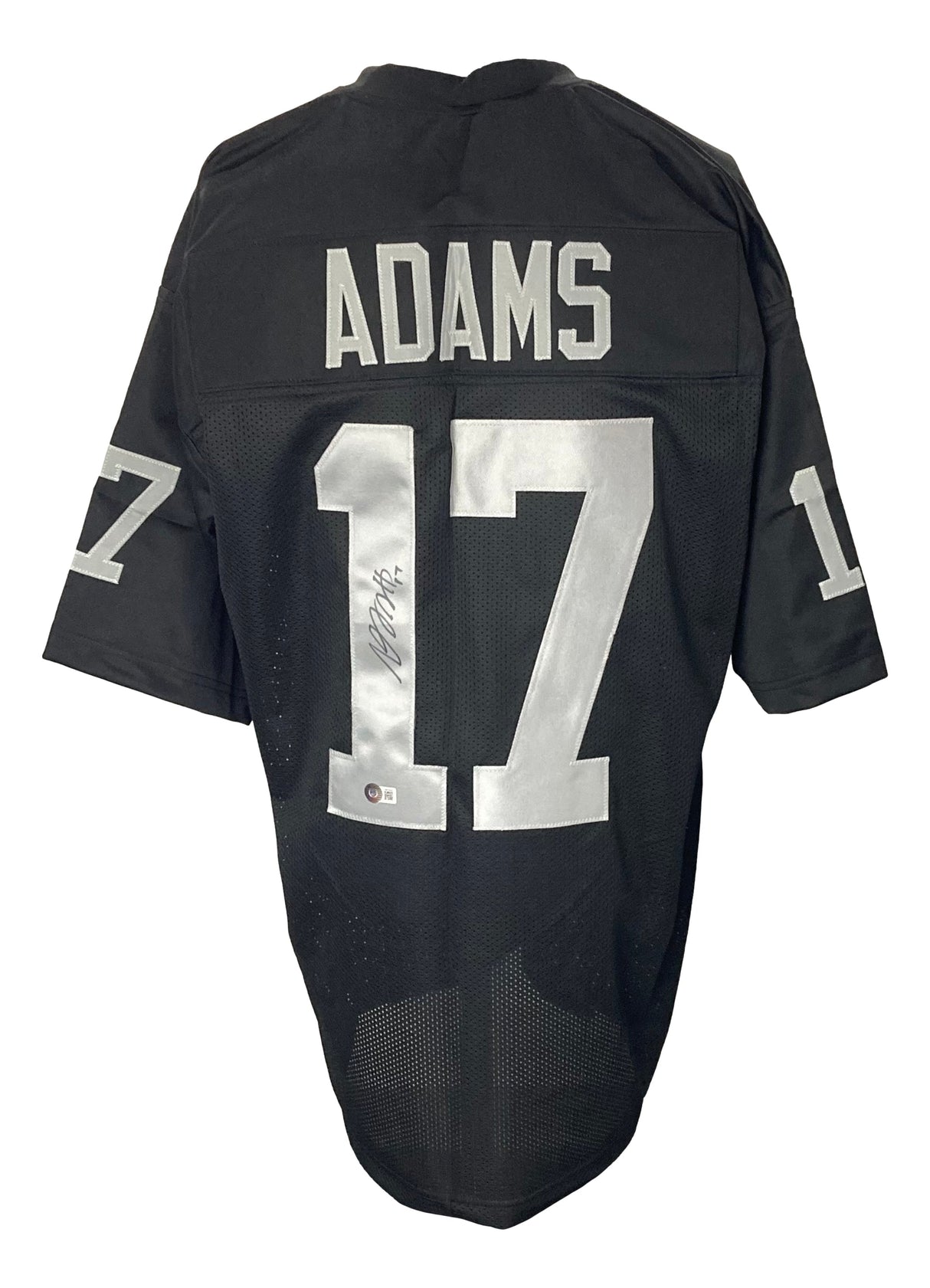 The Sports Integrity Davante Adams Oakland black football jersey features "ADAMS" and the number 17 in white on the back and sleeves, with an autograph on the back number. BAS ITP authenticated.