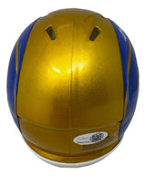 The Davante Adams Signed Los Angeles Rams Flash Mini Speed Helmet by Sports Integrity features a gold and blue design, two top ventilation slots, and a JSA QR hologram sticker on the back.