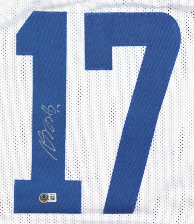 The Sports Integrity Davante Adams Los Angeles Signed White Football Jersey features a large blue number 17 autographed in silver ink, with an authentication sticker at the bottom of the "1".