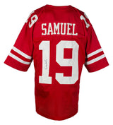 A Deebo Samuel Signed Custom Red Pro Style Football Jersey by Sports Integrity featuring white sleeve stripes, SAMUEL above the large number 19 on the back, and a signature on the number 1. Authenticated by JSA.