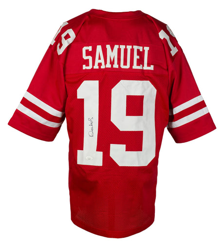 A Deebo Samuel Signed Custom Red Pro Style Football Jersey by Sports Integrity featuring white sleeve stripes, SAMUEL above the large number 19 on the back, and a signature on the number 1. Authenticated by JSA.