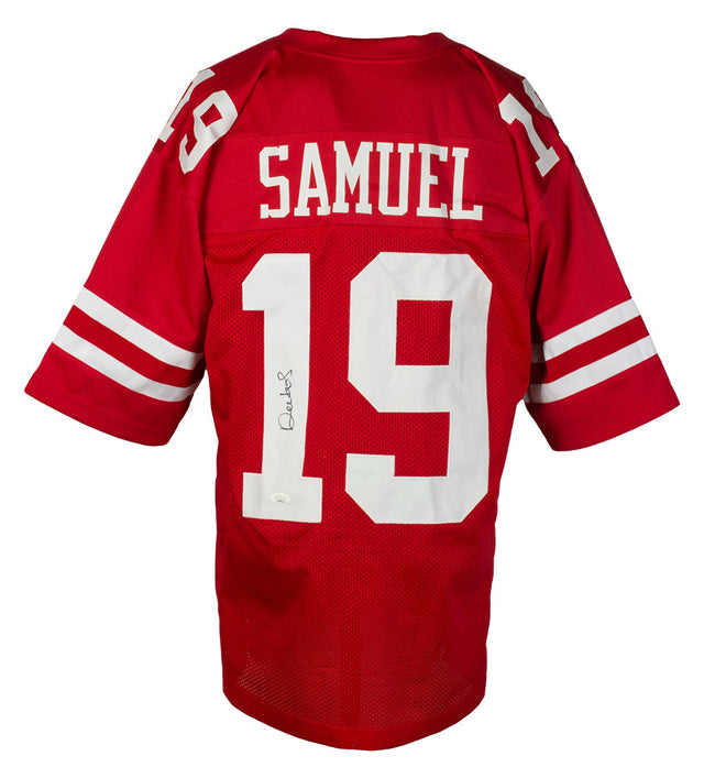 A Deebo Samuel Signed Custom Red Pro Style Football Jersey by Sports Integrity featuring white sleeve stripes, SAMUEL above the large number 19 on the back, and a signature on the number 1. Authenticated by JSA.