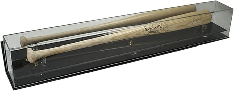 A light-colored wooden baseball bat is showcased in a Sports Integrity Wall Mountable Deluxe Acrylic Baseball Bat Display Case with a black base.