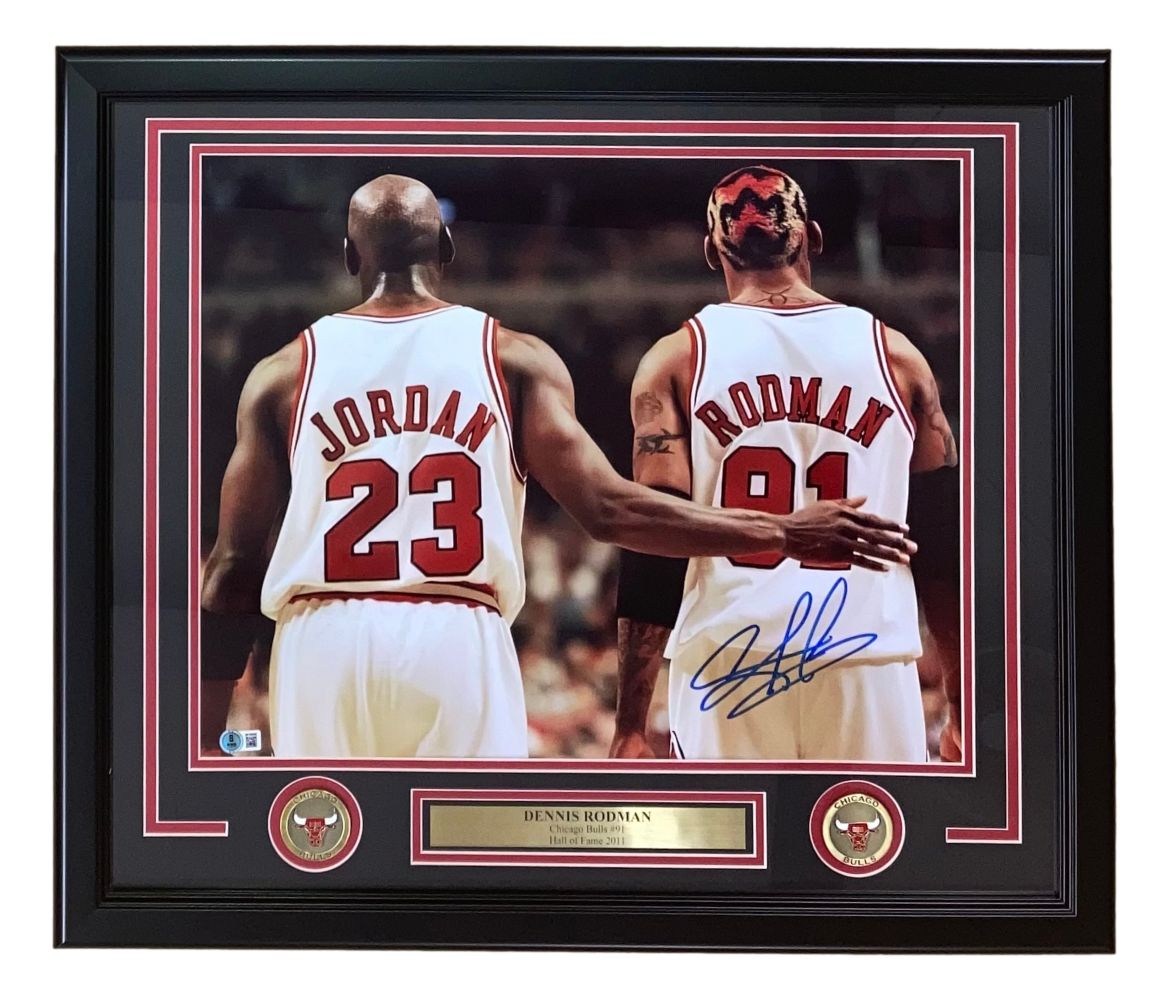 Dennis Rodman Signed Framed 16x20 Chicago Bulls Photo w/ Michael Jordan BAS