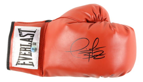 A Deontay Wilder signed red Everlast right hand boxing glove by Sports Integrity, featuring a black autograph on top and a white Everlast logo patch on the wrist.