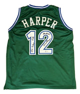 A green Derek Harper Dallas #12 basketball jersey by Sports Integrity, features blue/white trim, HARPER name, and black marker signature with inscriptions: "The Man!" and "The Real #12." BAS authenticated. Retired Go Mavs edition.