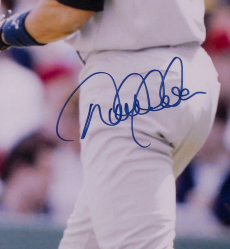 This Sports Integrity 16x20 photo features Derek Jeter and Alfonso Soriano of the New York Yankees, shown from torso to legs, with a bold blue autograph on the pants and a blurred crowd in the background. PSA LOA and framed for display.
