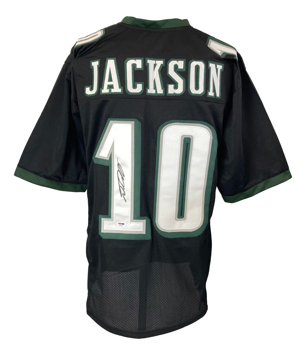 A black DeSean Jackson Philadelphia football jersey by Sports Integrity with green and white accents, number 10, "JACKSON" on the back, and a signed number 1. Comes with PSA/DNA hologram.