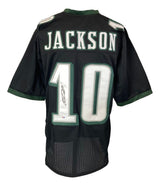 A black DeSean Jackson Philadelphia football jersey by Sports Integrity with green and white accents, number 10, "JACKSON" on the back, and a signed number 1. Comes with PSA/DNA hologram.