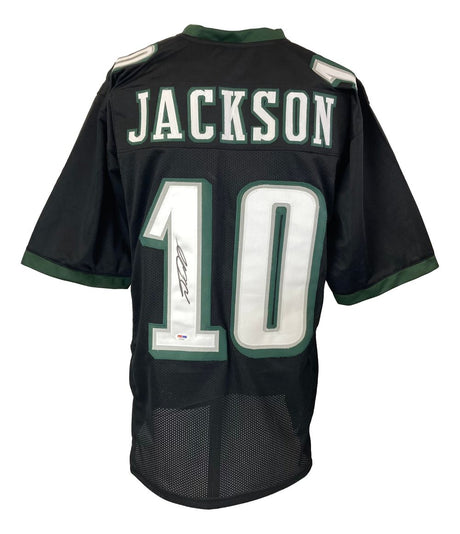 A black DeSean Jackson Philadelphia football jersey by Sports Integrity with green and white accents, number 10, "JACKSON" on the back, and a signed number 1. Comes with PSA/DNA hologram.