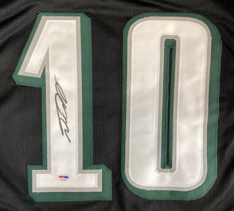 DeSean Jackson Philadelphia Signed Black Football Jersey by Sports Integrity features a large white number 10 outlined in green. The left digit is autographed in black ink with a PSA/DNA hologram near the bottom of the number 1.