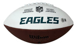 The Sports Integrity DeSean Jackson Signed Philadelphia Eagles Logo Football features a brown textured bottom, a white top with EAGLES in bold green letters, and NFL logos and conference names.