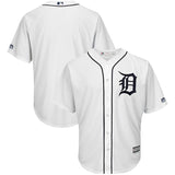 The Detroit Tigers Majestic Cool Base Baseball Jersey by Sports Integrity is white with a black Old English D logo on the chest, black trim along the buttons, and short sleeves, shown from both front and back.
