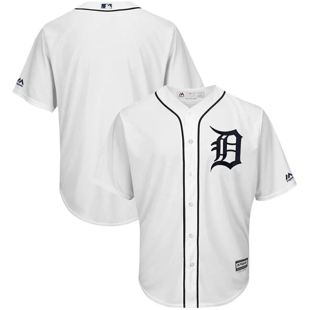 The Detroit Tigers Majestic Cool Base Baseball Jersey by Sports Integrity is white with a black Old English D logo on the chest, black trim along the buttons, and short sleeves, shown from both front and back.